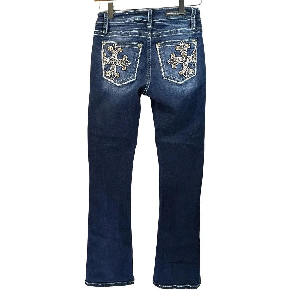 Stella in Dreams Womens Mid Rise Bootcut Jeans Dark Wash Cross Pocket SR100 3/26